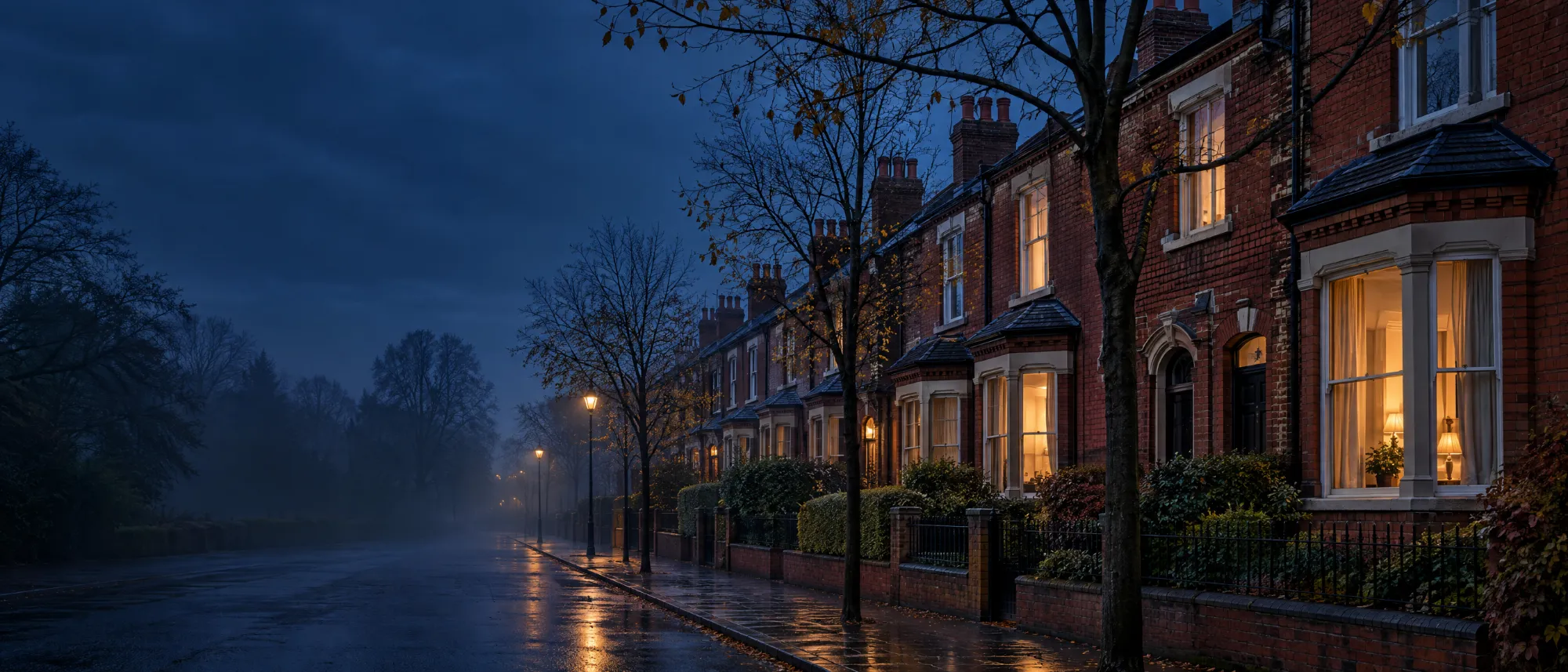 Victorian terraced houses on a Manchester street at dusk