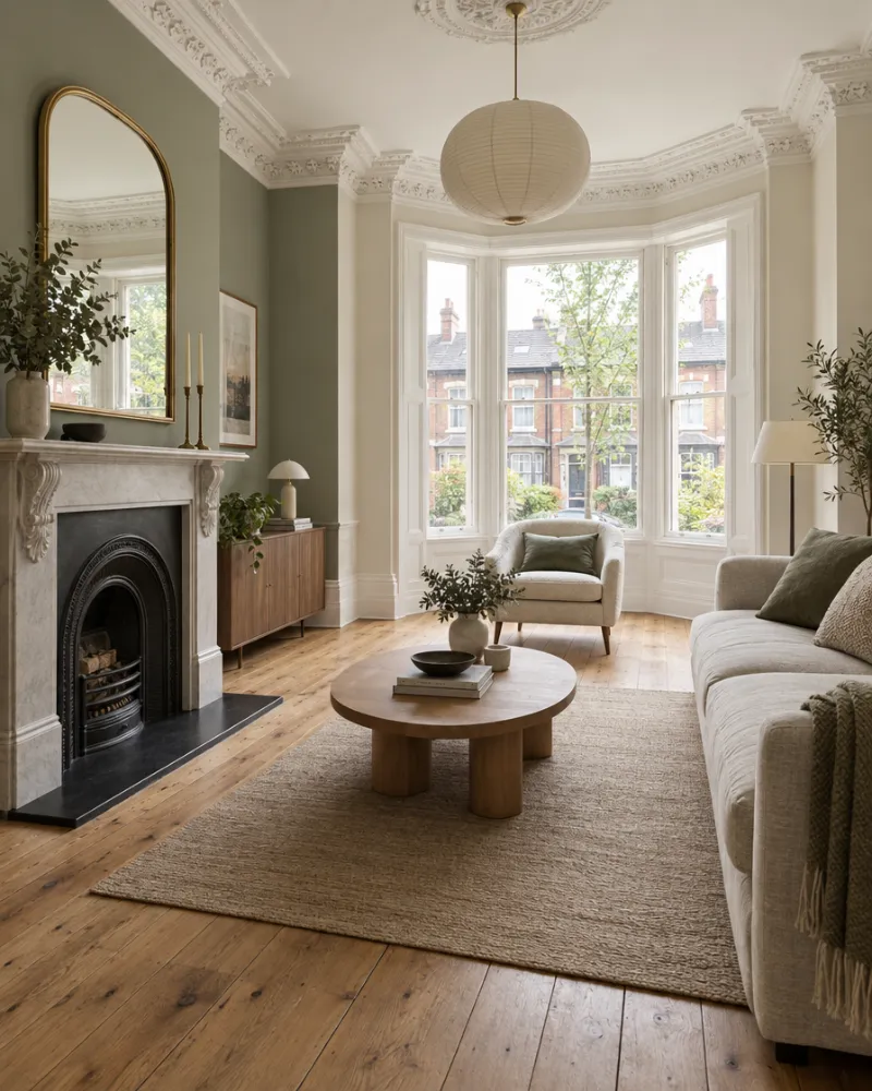 Renovated Victorian living room with a restored fireplace and bay window