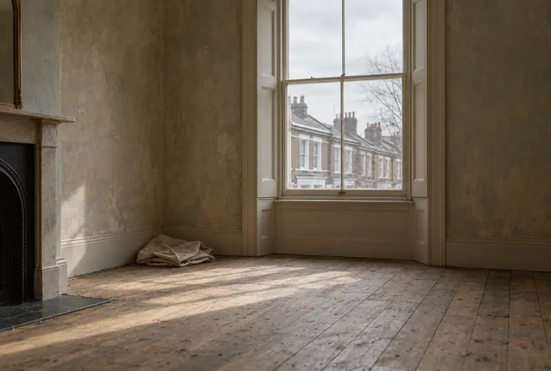 Empty room with bare floorboards and a sash window